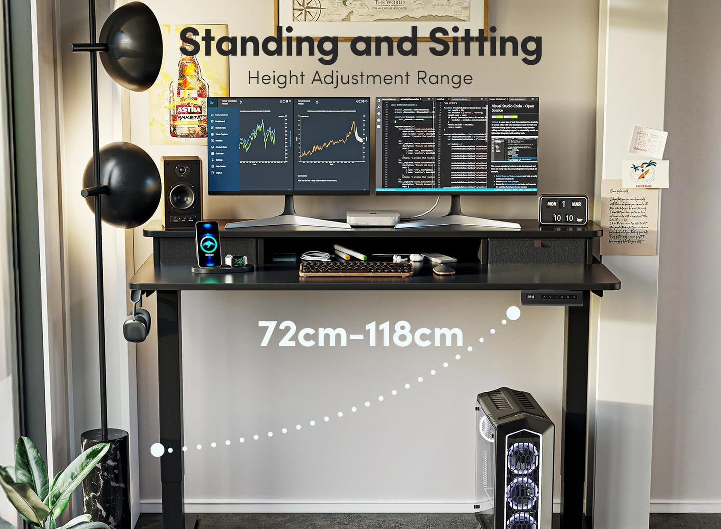 FEZIBO 40 x 24 Inch Height Adjustable Electric Standing Desk with Double Drawer, Computer Desk, Home Office Stand Up Table with 4 Height-Adjustable Feets & 2 Hooks, Black