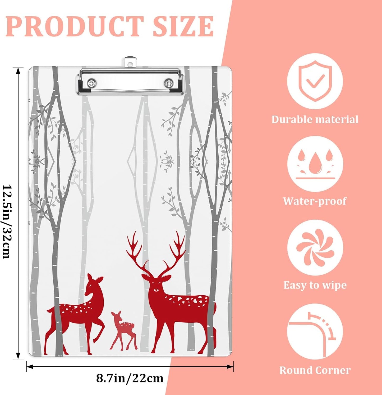 Forest Deer Plastic Clipboards,Cute Fashion Clipboard Decorative 8.5" x 12.5"Standard A4 Size Clipboards,Acrylic Clipboard for Teacher,Social Worker,Students,Nurse,Office Supplies
