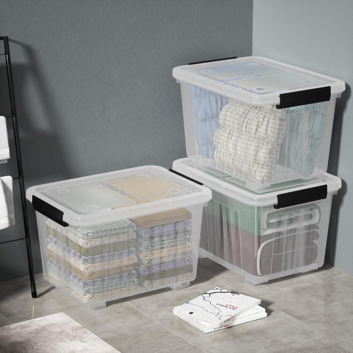 4 Packs 50 L Plastic Latching Box with Wheels, Clear Organizer Containers with Latching Lids for Office and Home Organization