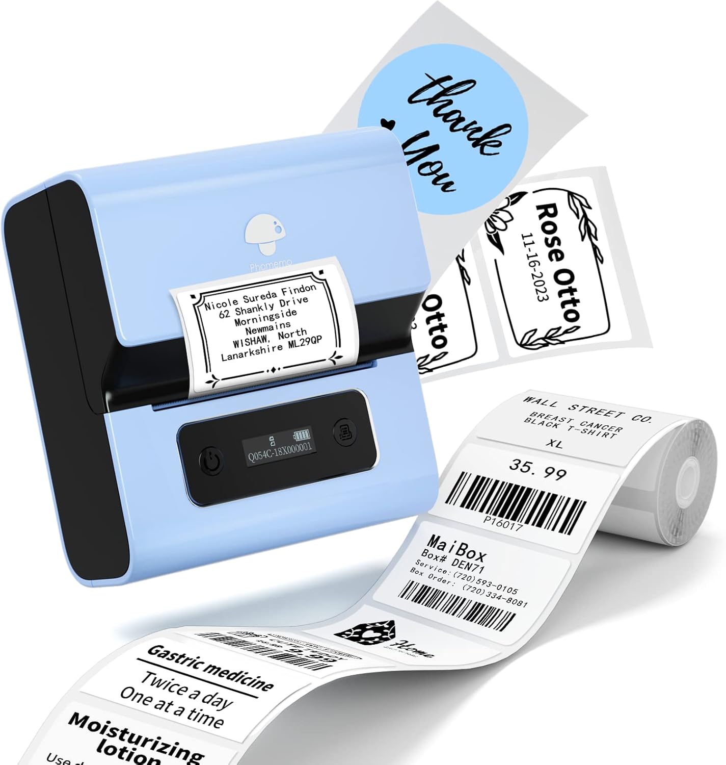 Phomemo Label Makers- M221 Brcode Label Printer 3 Inch Bluetooth Label Maker Machine for Barcode, Address, Logo, Mailing, Stickers, Small Business, Home, Office, Blue