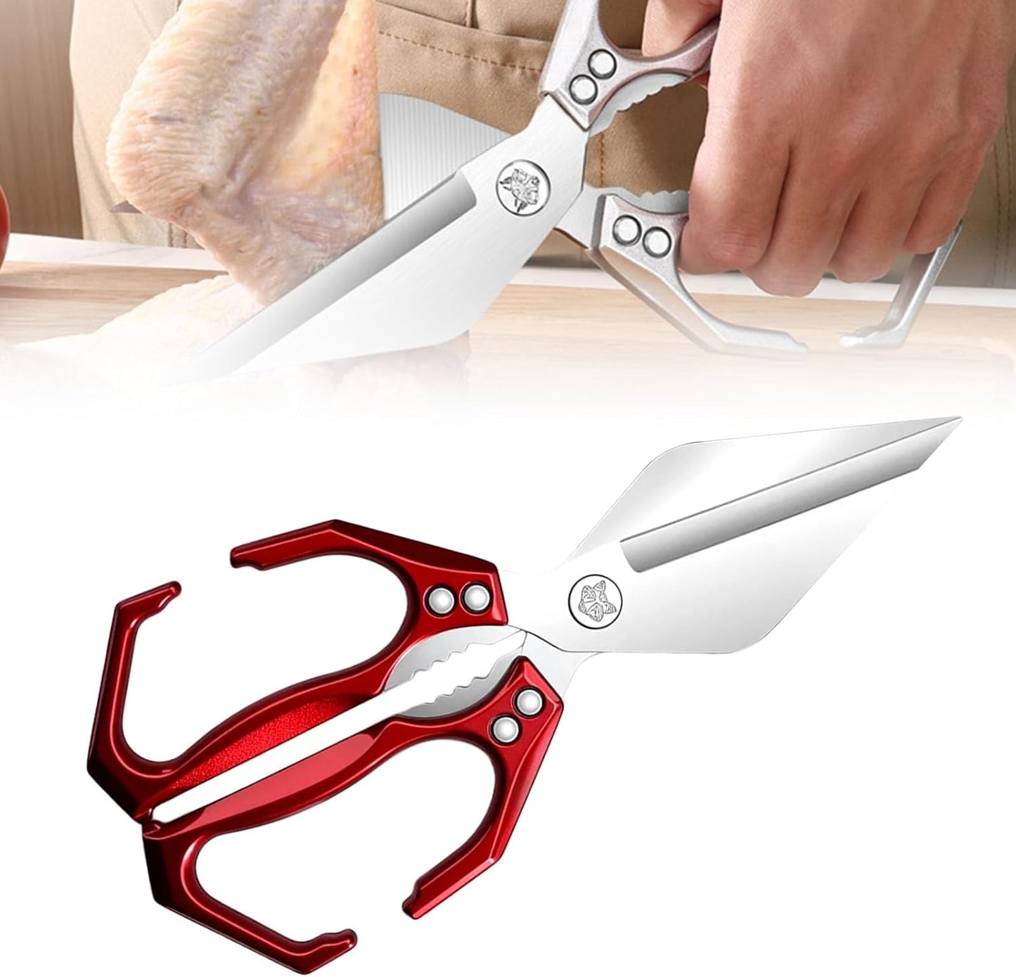 Multifunctional Heavy-Duty Kitchen Shears, Heavy Duty Kitchen Scissors for Food with Ergonomic Handle, High-Carbon Steel Culinary Shears for Chicken, Meat, Seafood, Bone Cutting (Red)