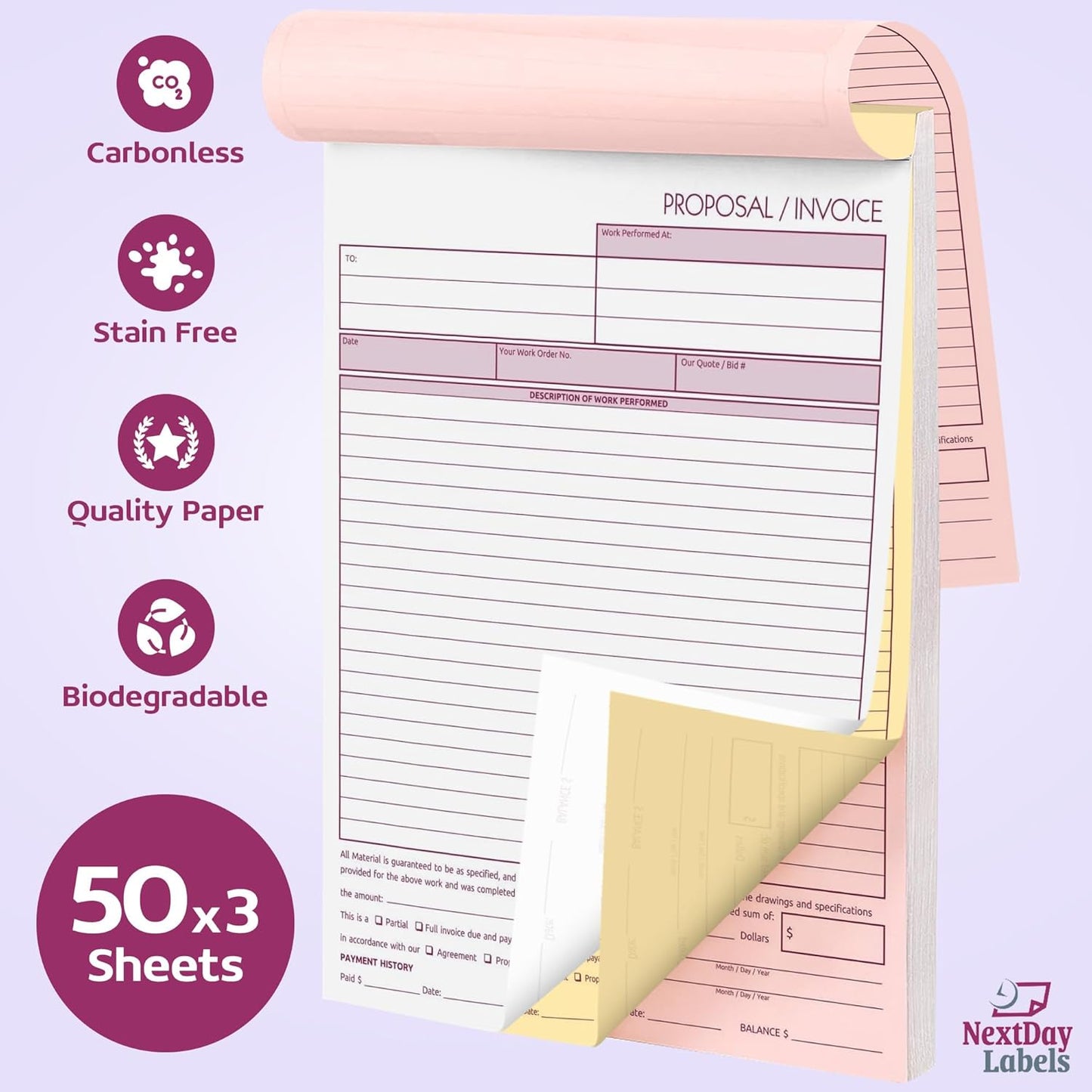 NextDayLabels - Contractor Invoice Book 8.5 x 11 3 Part Carbonless Triplicate Invoices Forms with White, Canary, and Pink Copies - Practical Proposal for Receipts, Work, Sales and Orders, 50 Sets