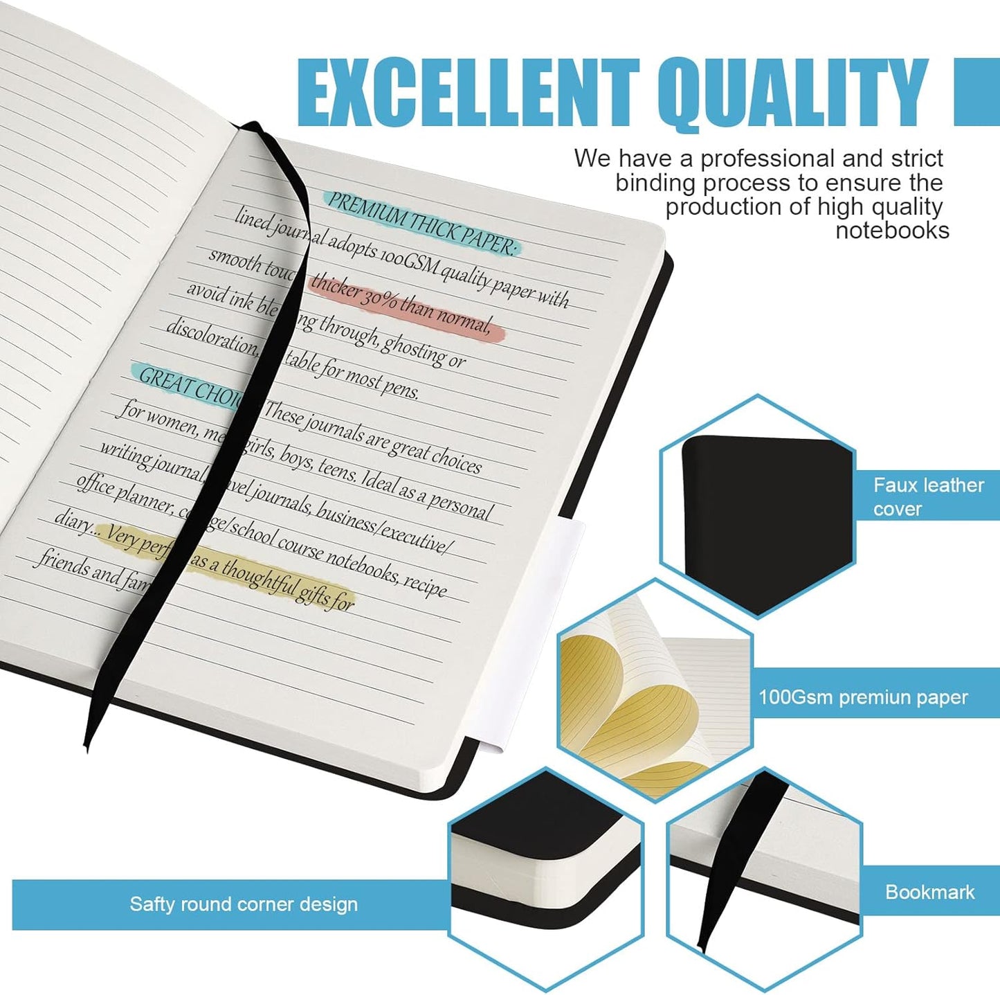 Lined Journal Notebook, 6Pack(Black), 160 Pages, Medium 5.7 inches x 8 inches - 100 gsm Thick Paper, Hardcover