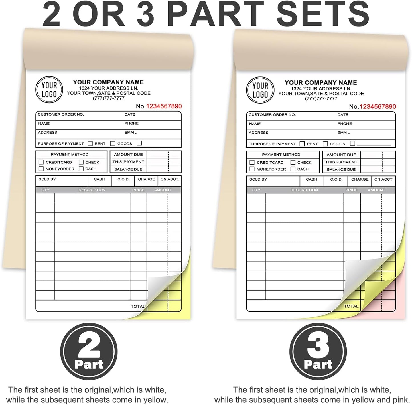 Custom Invoice Receipt Book for Small Business 4.25x7" Personalized 3-Part Contractor Duplicate Carbonless Sales Forms with Company Name Address Phone Number 150 Sets