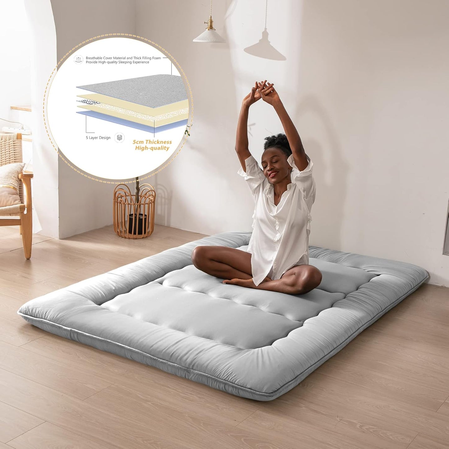 MAXYOYO Japanese Floor Mattress Futon Mattress, Thicken Tatami Mat Sleeping Pad Foldable Roll Up Mattress Boys Girls Dormitory Mattress Pad Kids Floor Lounger Bed Couches and Sofas, Grey, King