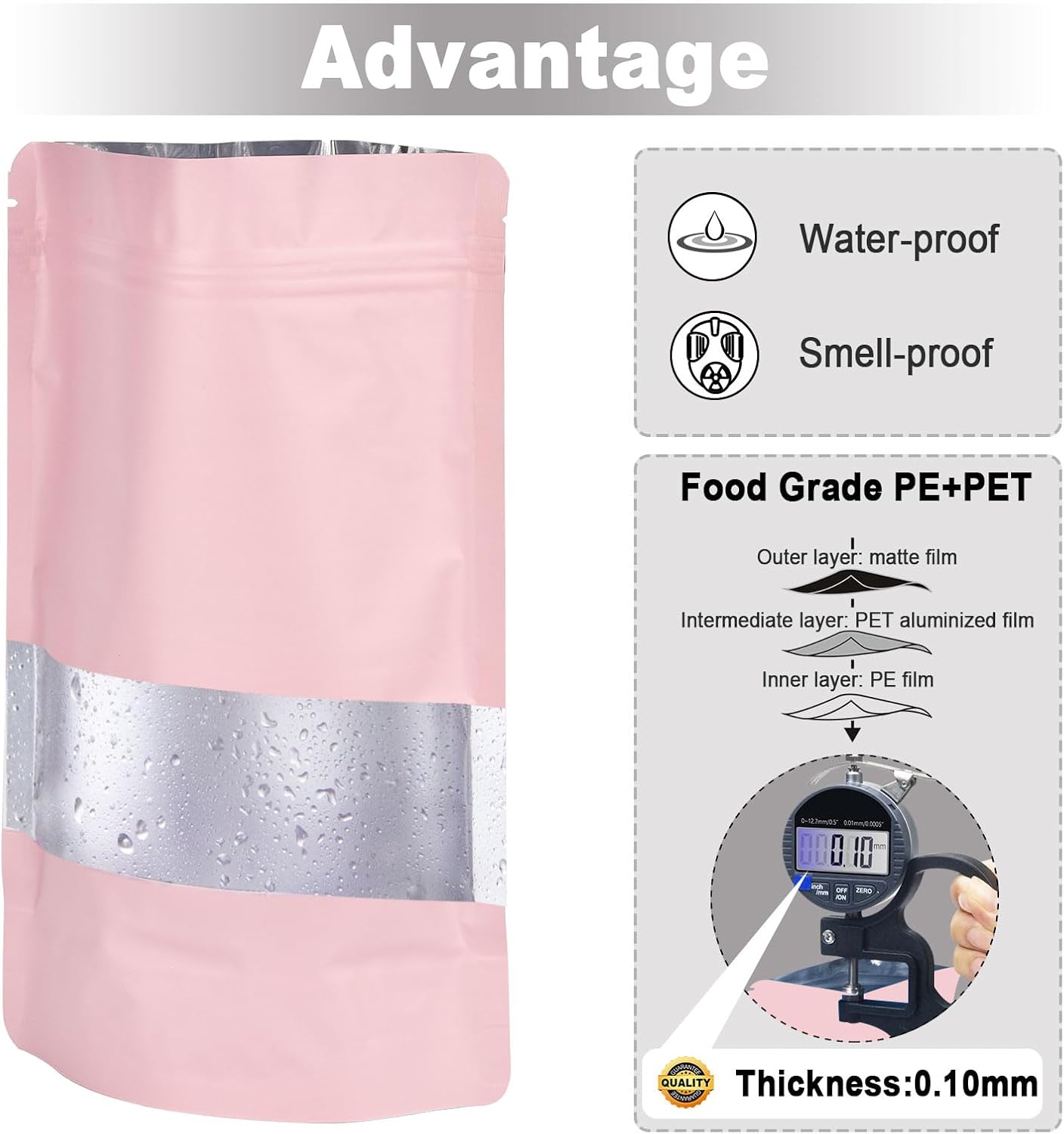 5.5"x7.8" 120pcs Mylar Bags for Food Storage,Smell Proof Bag with Matte Window Resealable Food Storage Bags for Small Business, Stand-up Foil Pouch Packaging Freeze Dried Candy Bag(Pink)