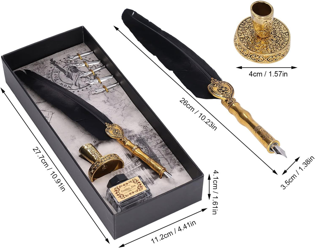 Feathe Quill Fountain Pen Ink Set, Fountain Pen Kit, Exquisite Vintage Elegant Calligraphy Inks Set with 5 Nibs 1 Base 1 Empty Bottle for Signing Writing Supplies(Without Ink) (Black)