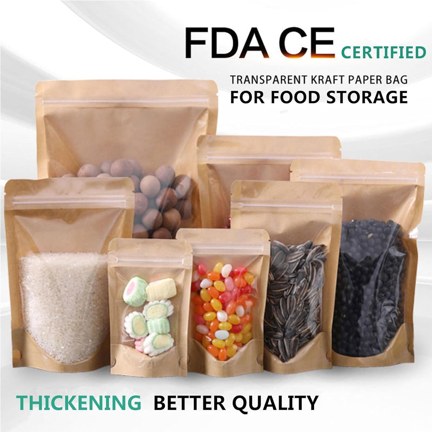 50pcs Kraft Bags With Window Clear Fornt Pouches Resealable Stand Up Zip Lock Food Storage Bags Brown 6.2"x8.6"