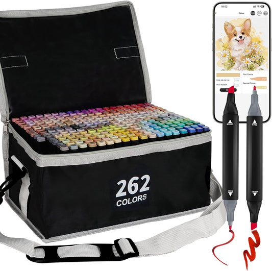 Alcohol Markers with APP, 262 Colors Dual Tip Art Marker for Adults Coloring Books, Alcohol Based Illustration Markers Set for Adult Artist Drawing Sketching Painting Lettering Cards