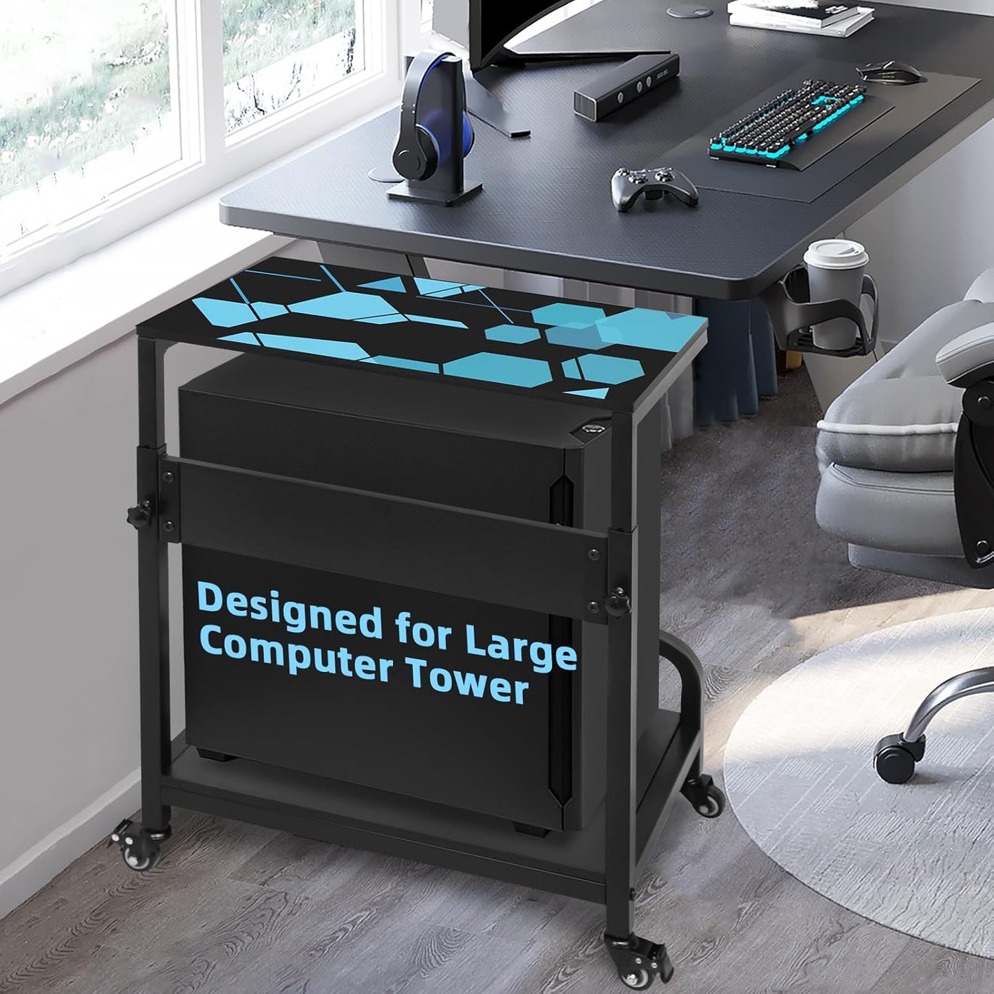 Height Adjustable Computer Tower Stand, Compact Printer Stand, 2 Tier for ATX Case, Extra Large CPU Floor Stand PC Tower Stand CPU Holder Cart with Guard Rail 32.7" X 21.6" X 15.8", Blue