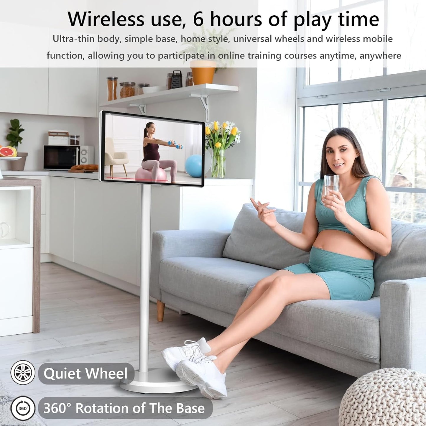 OFD 21.5 Inch Portable TV on Wheels 1080P,100%sRGB,6GB RAM+128GB Storage,RollingTV,Touch Screen Large Tablet with Base,8MP Webcam,Android 13 OS| Wireless Projection| 6000 mAh Battery(Play 4-6H),White