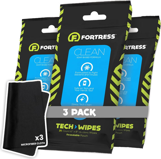 Fortress Electronic Wipes With Microfiber Cloth (25 ct, Pack of 3) To-Go Tech Wipes for Screens, Phones, Keyboards, TV Monitors, Computer Screens, and More [Travel Size] Skin-Safe