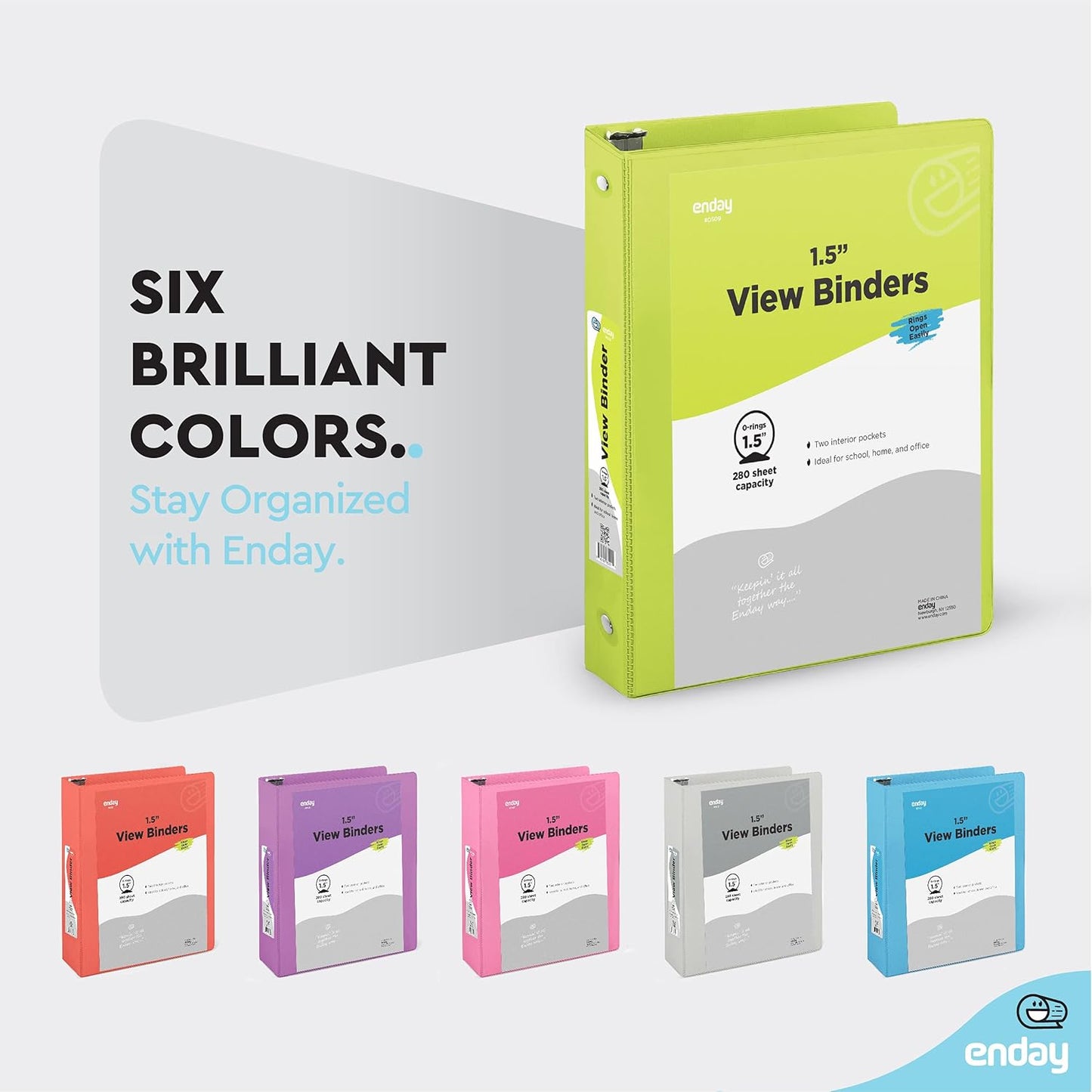 3 Ring Binder Green, 1.5 Inch Clear View Cover with 2 Inside Pockets Binder, Colored School Supplies 1 ½ Inch Round Ring Binders, Also Available in Red, Blue, Purple, Pink, and Grey (6 PC) – by Enday