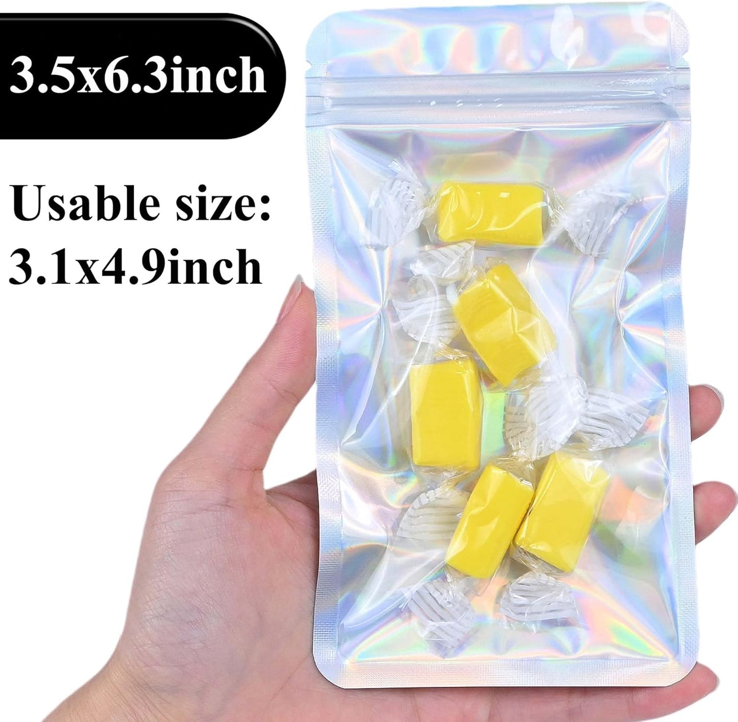 Resealable Mylar Pouch Bag Great for Office Home Party Favor Food Storage (100PCS, Holographic Color, 3.5 x 6.3 inch)