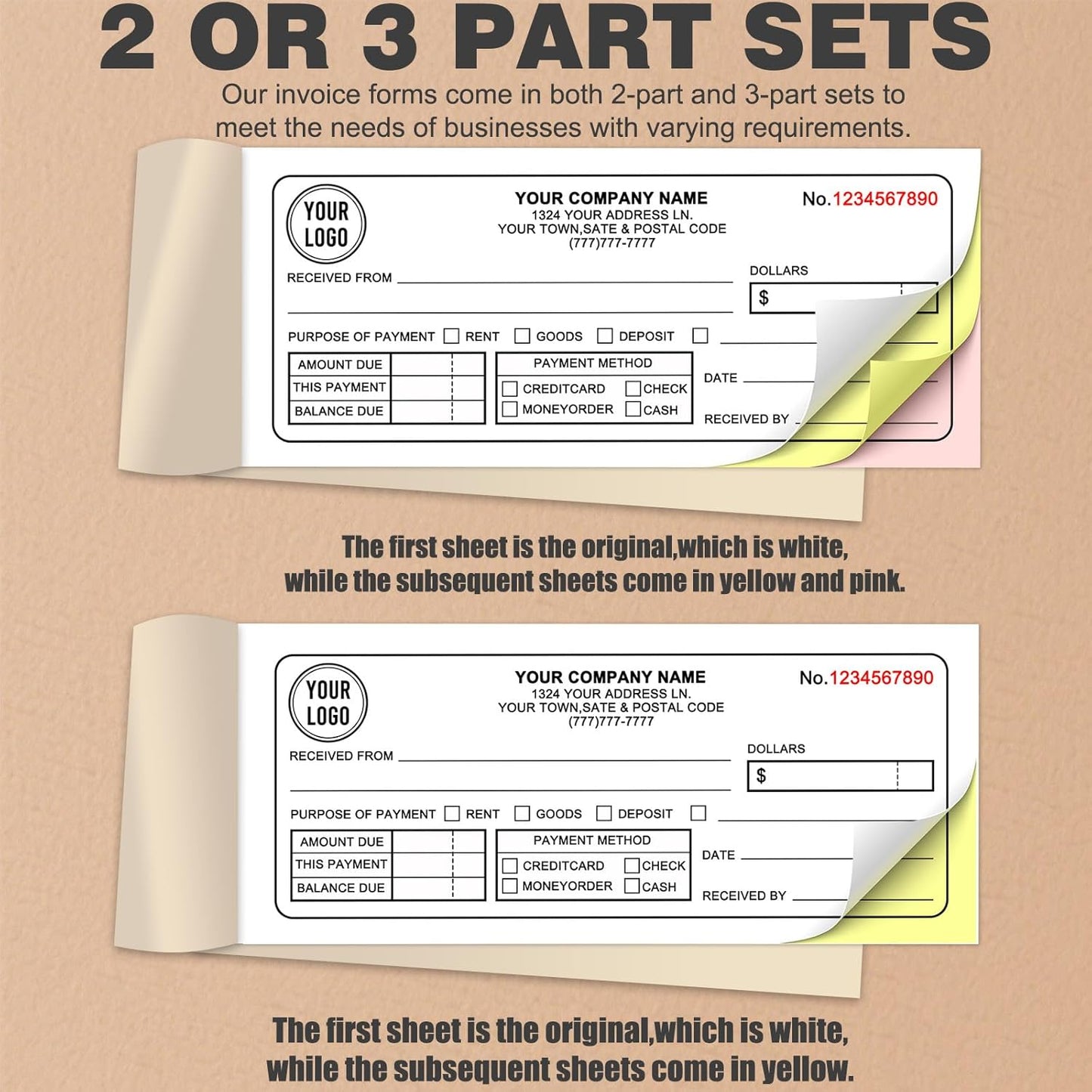 Custom 4.25" x 7" Invoices Receipts Carbonless Books in 3-Part Duplicate Personalized Company Address Name Phone Number 50 Sets