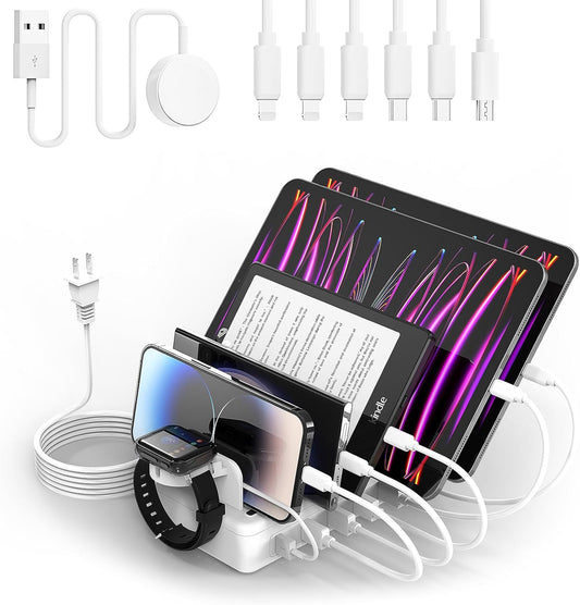 Charging Station Multiple Charger Station - 2025 New 6-Port USB Fast Charging Dock 50W Organizer Station with Watch Charger for iPhone|Android Cell Phone|iPad|Kindle|Watch|Tablet