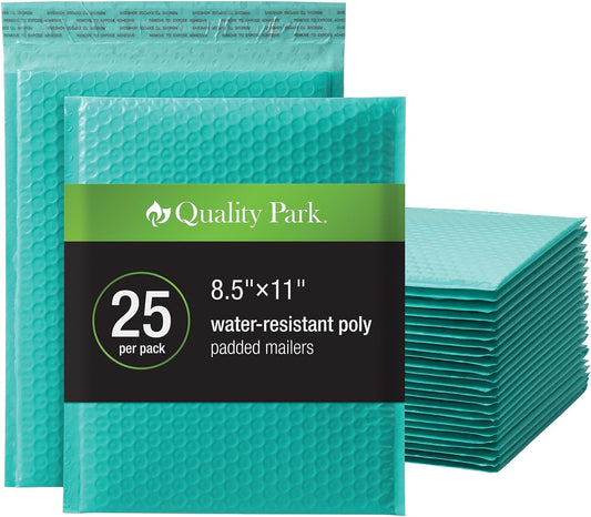Quality Park Bubble Mailers, 8.25 x 11 Shipping Envelopes, Water Resistant Teal Poly Padded Envelopes, Redi-Strip Peel Off Closure, 25 Per Box (QUA85860)