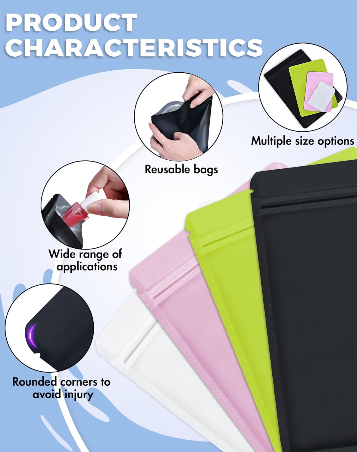 FireKylin 100 Pack Resealable Packaging Bags for Small Business Double-Sided Color Smell Proof Bags for Food Storage Flat Bags (Black, 2.7" x 3.8")