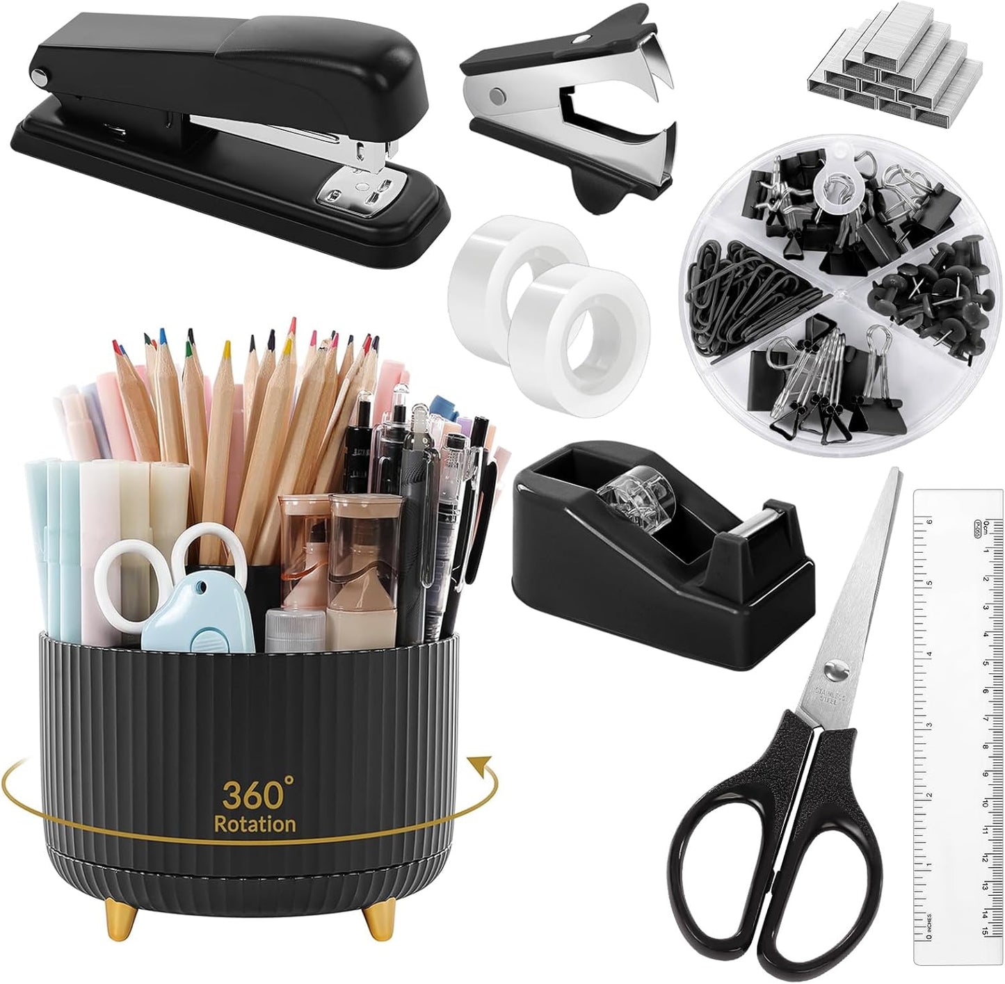 SKYDUE Black Office Supplies, Black Office Desk Accessories 10PCS, Pencil Holder for Desk, Stapler, Tape Dispenser, Scissors, Ruler, Clips and 1000pcs Staples, Desk Supplies Set
