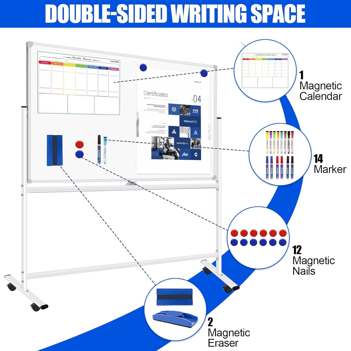 Large Rolling White Boards 60X36, Double-Sided Mobile Magnetic Whiteboard on Wheels, 5' x 3' Whiteboard with Stands, Dry Erase Board with Stand Up White Board for School, Office, Home
