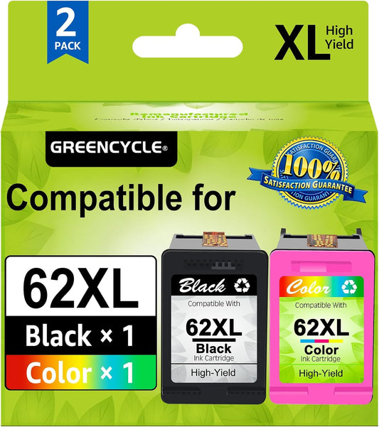 greencycle 62XL Remanufactured Ink Cartridges Combo Pack Replacement for HP 62 XL C2P05AN C2P07AN Compatible for Envy 5540 5660 7640 7645 Officejet 200 2250 5740 8040 (1 Black 1 Color)