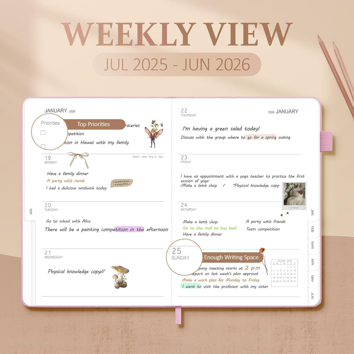 Planner 2025-2026, Academic Linen 2025-2026 Monthly Planner July 2025 to June 2026, Weekly & Daily Organizer with Tabs, Note Pages, Hardcover 5.65" x 8.15"- Ideal for School, Work & Productivity-Pink