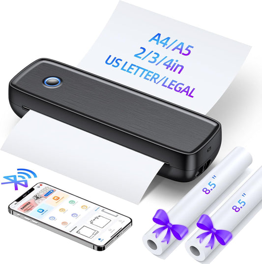 Portable Wireless Printer for Travel, High Resolution Inkless Mini Thermal Print, 4200mAh Battery, Bluetooth & USB (A4, A5, Letter, Legal) Compatible with Android and iOS Phone&Laptop,Black