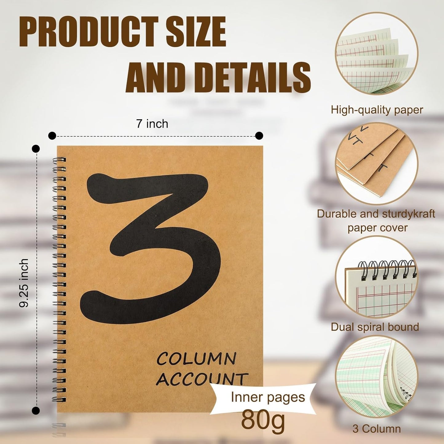 3 Pcs Accounting Ledger Book 3 Column 7 * 9.25inch Columnar Notebook Columnar Pad 3 Columns Kraft Paper Cover 100 Pages for Personal Use Small Business(50 Sheet)