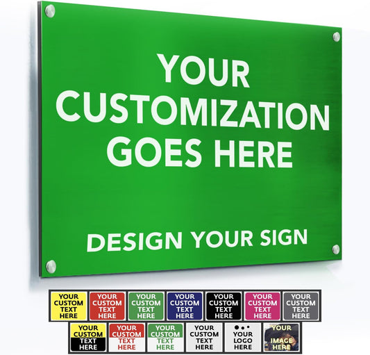 Custom Metal Business Signs, Personalized Aluminum Signs - Waterproof, White (Green Background, 14x10 In)