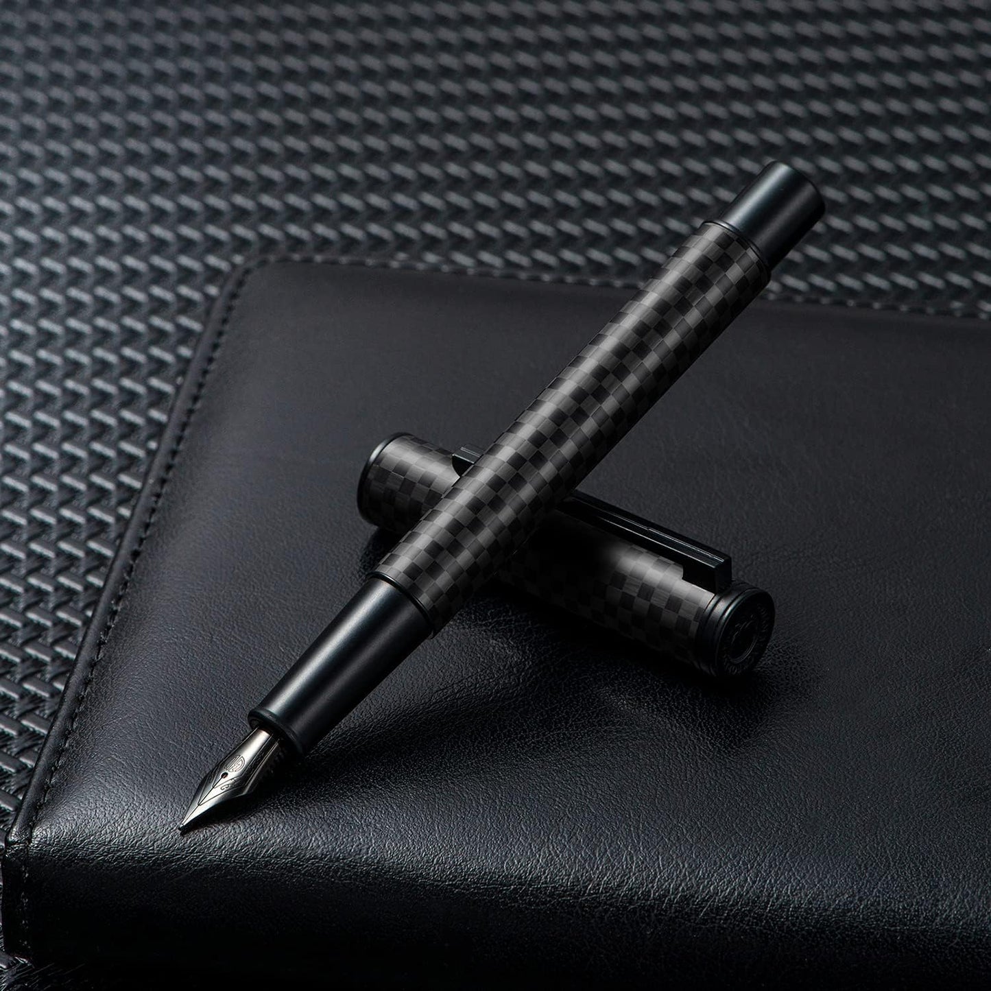 Hongdian Carbon Fiber Fountain Pen Fine Point, Slim Style with Converter and Metal Pen Case, The Light of Hope Serise
