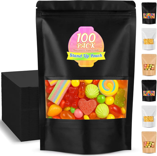 Mylar Bags for Food Storage, 100 Pack Smell Proof Bag with Window, Resealable Bags for Small Business, Candy Bags, Dog Treat Bag, Bakery Packaging, Stand Up Pouch (6.7"x9.8")
