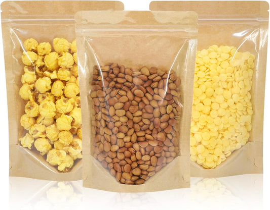 100 PCS Resealable Bags, Stand Up Kraft Bags with Window Clear Front Pouches, Zipper Lock Food Storage Bags 4.72×7.87 Inch Reusable Sealable Bags for Packaging