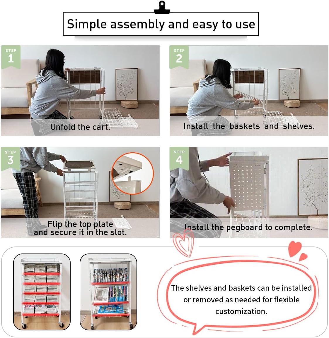 Lumizone Foldable Book Cart 6-Tier Large Capacity Bookshelf Single Sided V-Shaped Sloped Shelves With brake Wheels With PegBoard Slim Rolling Utility Cart Storage Rack, Home Shelves and Office (White)