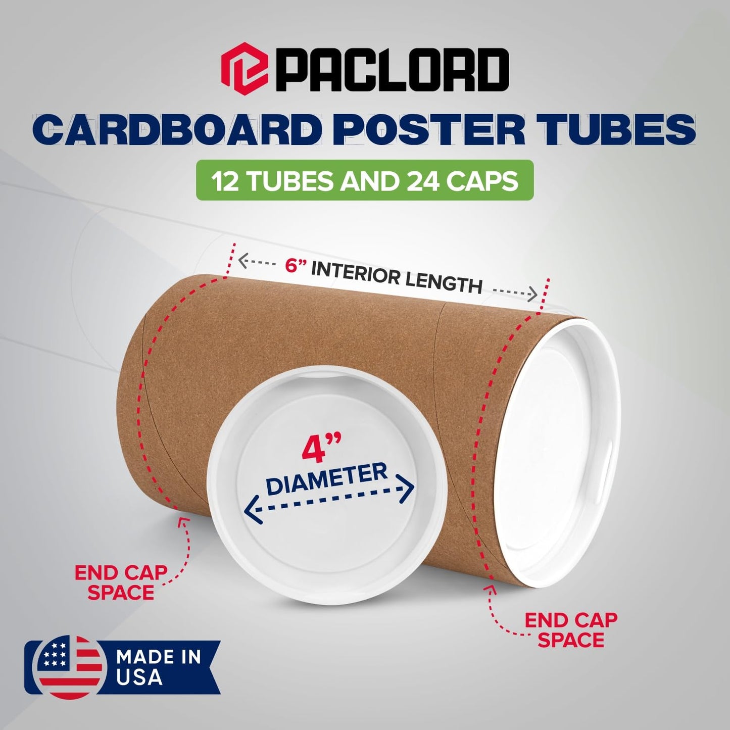 4" x 6" Reinforced Kraft Paper Mailing Tubes, Pack of 12 Tubes with 2 Caps Each – USPS Approved Poster Tube – Made in USA Cardboard Tube for Shipping and Storing Posters, Prints, Artwork, Documents