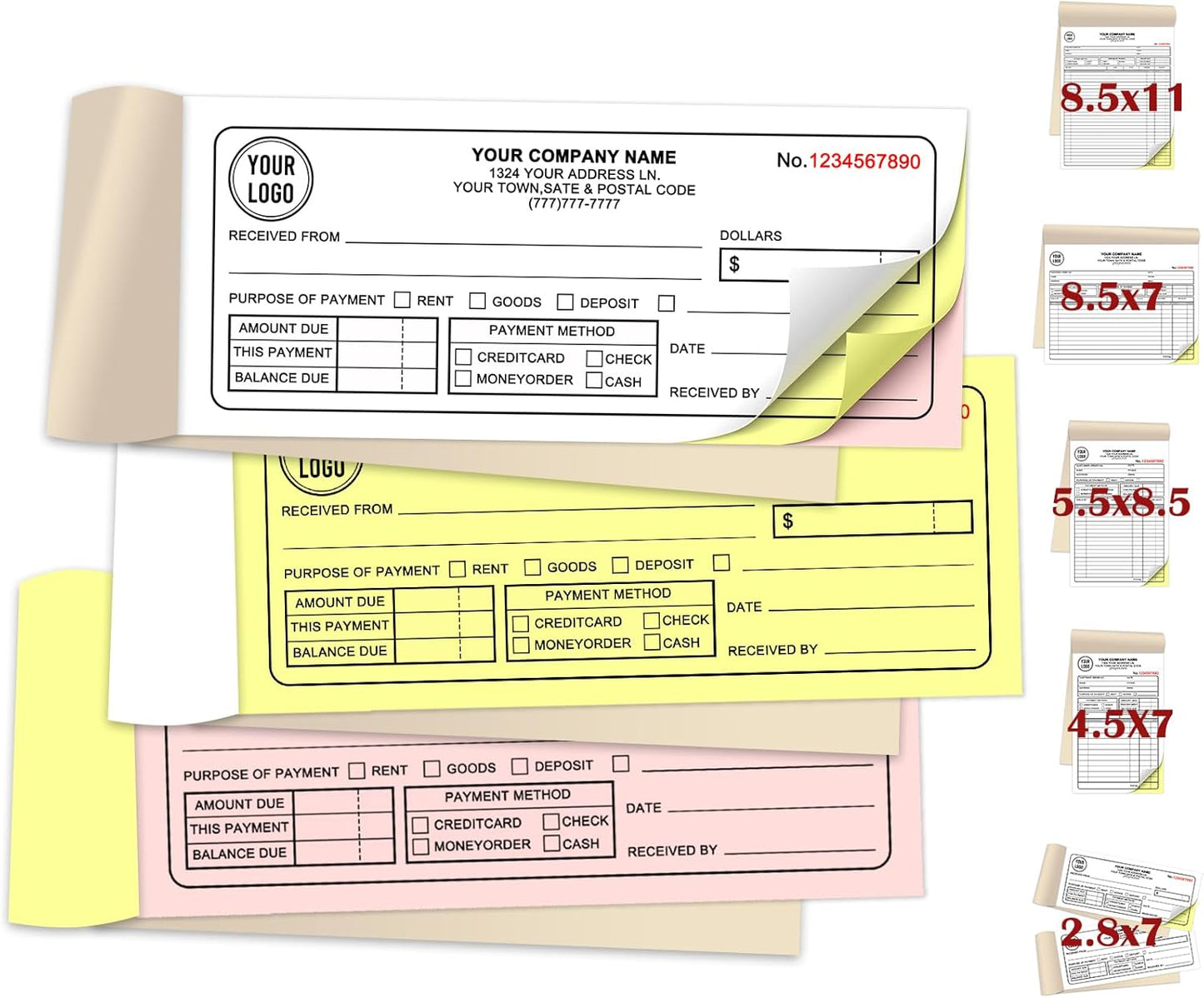 Custom Invoice Book for Small Business,2.8 x7 Inches Invoice Receipt Book, 3-Part Carbonless Forms, Personalized Company Name, Address, Phone Number