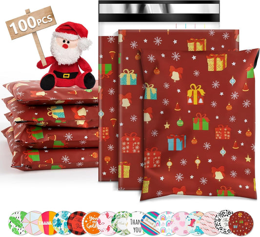 Oududianzi Christmas Poly Mailers 10x13, 100Pack Christmas Shipping Bags, Christmas Mailers Poly Bags for Shipping, Holiday Poly Mailers 10x13, Christmas Packaging Gift Bags