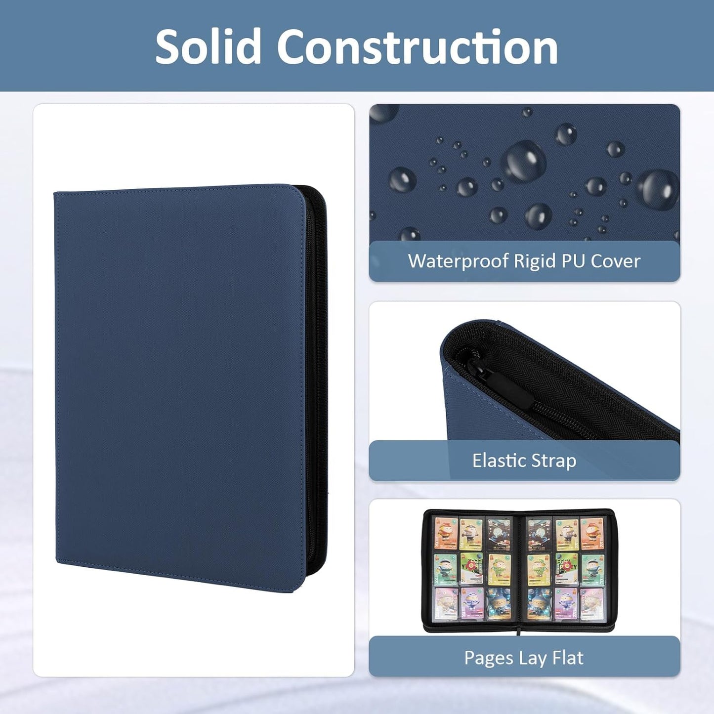 Trading Card Binder 9 Pocket with Zipper, Fvxldcz PU Cover Card Collection Binder 540 Cards Sleek Side-Loading Card Album, Sturdy Card Collection Folder for TCG, MTG, Yugioh, Sport Cards (Navy Blue)