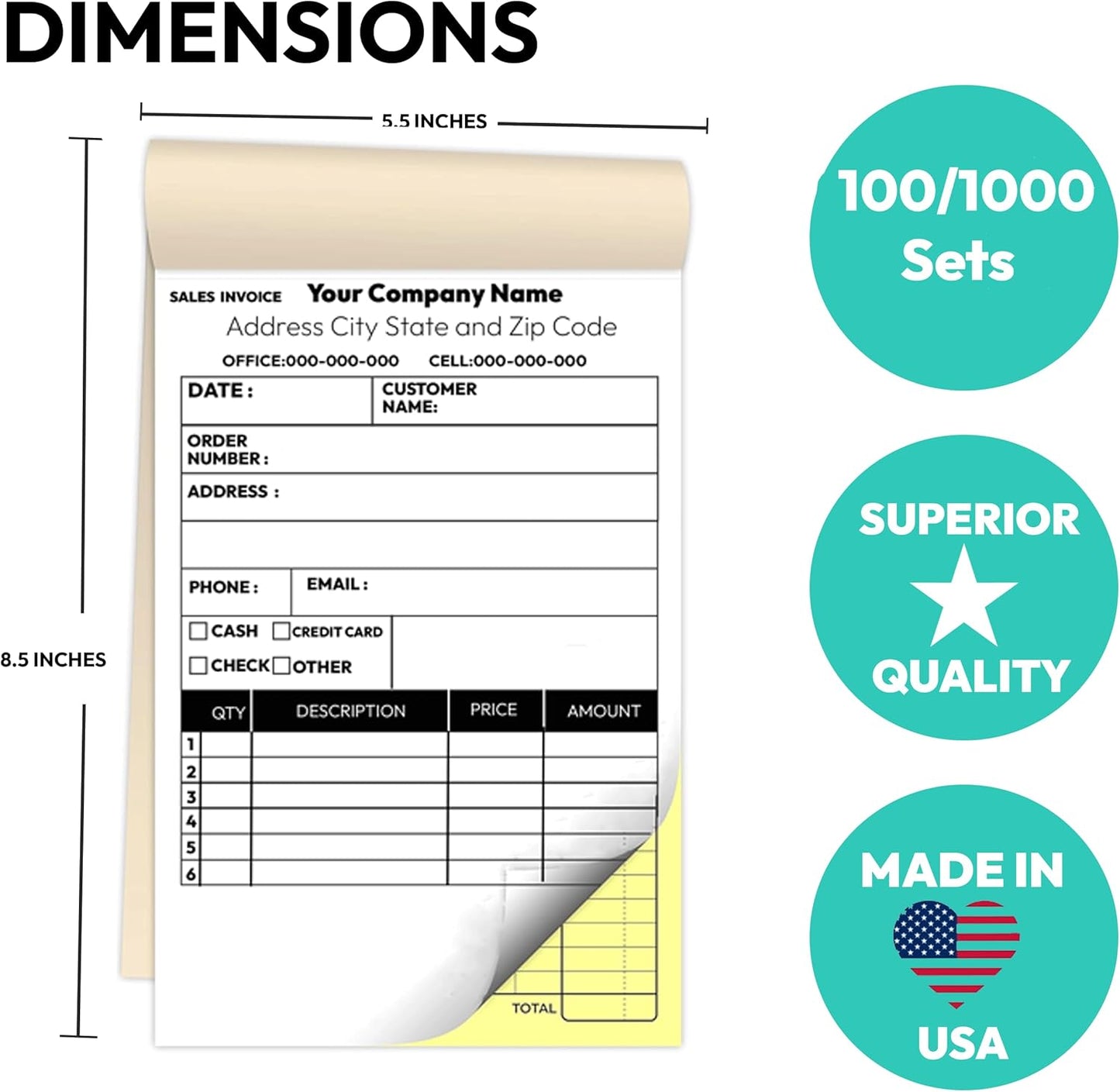 Custom 5.5" X 8.5" Invoice Receipt Book, Carbonless NCR Invoice Book in 2-Part Duplicate Receipts, Estimates, Purchase Orders, Sales Orders, Price Forms with Your Company/Business Name
