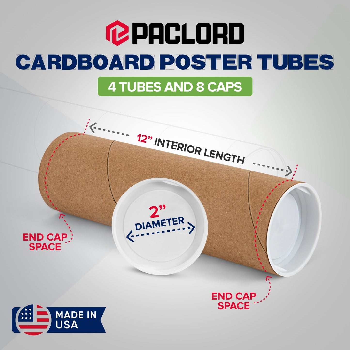 2" x 12" Reinforced Kraft Paper Mailing Tubes, Pack of 4 Tubes with 2 Caps Each – USPS Approved Poster Tube – Made in USA Cardboard Tube for Shipping and Storing Posters, Prints, Artwork, or Documents