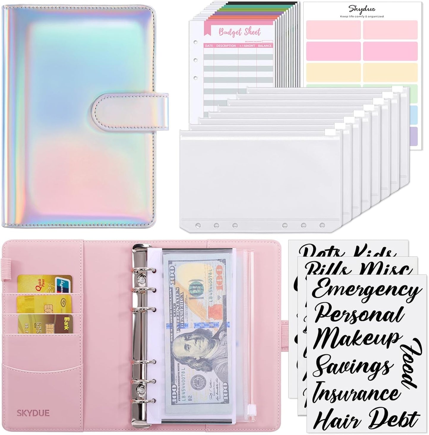 SKYDUE Budget Binder, Money Saving Binder with Zipper Envelopes, Cash Envelopes and Expense Budget Sheets for Budgeting