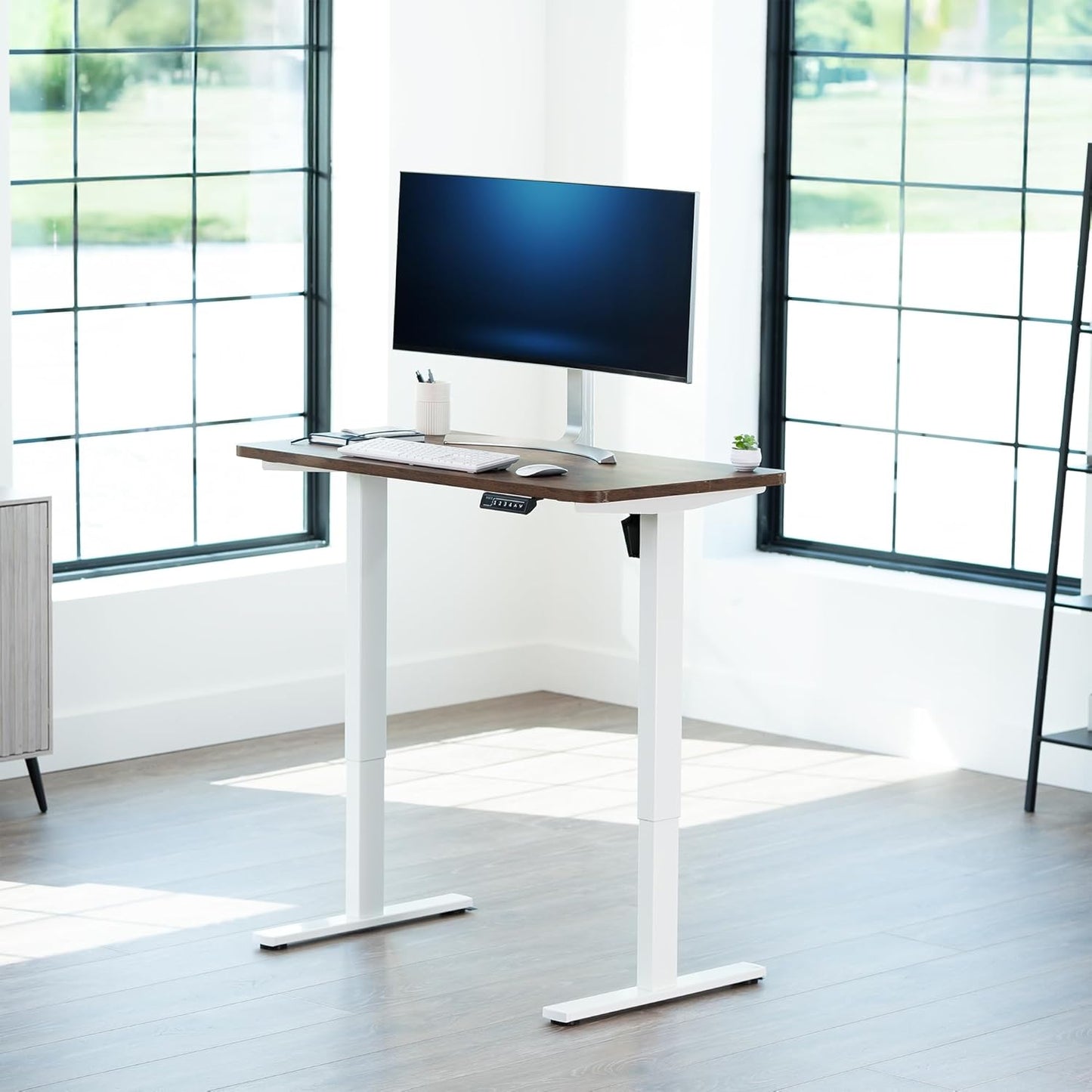 VIVO Electric 43 x 24 in Rustic Standing Desk, Memory Height Adjustment, 1B Series, One-Piece Vintage Brown Top, White Frame, DESK-KIT-1W4N