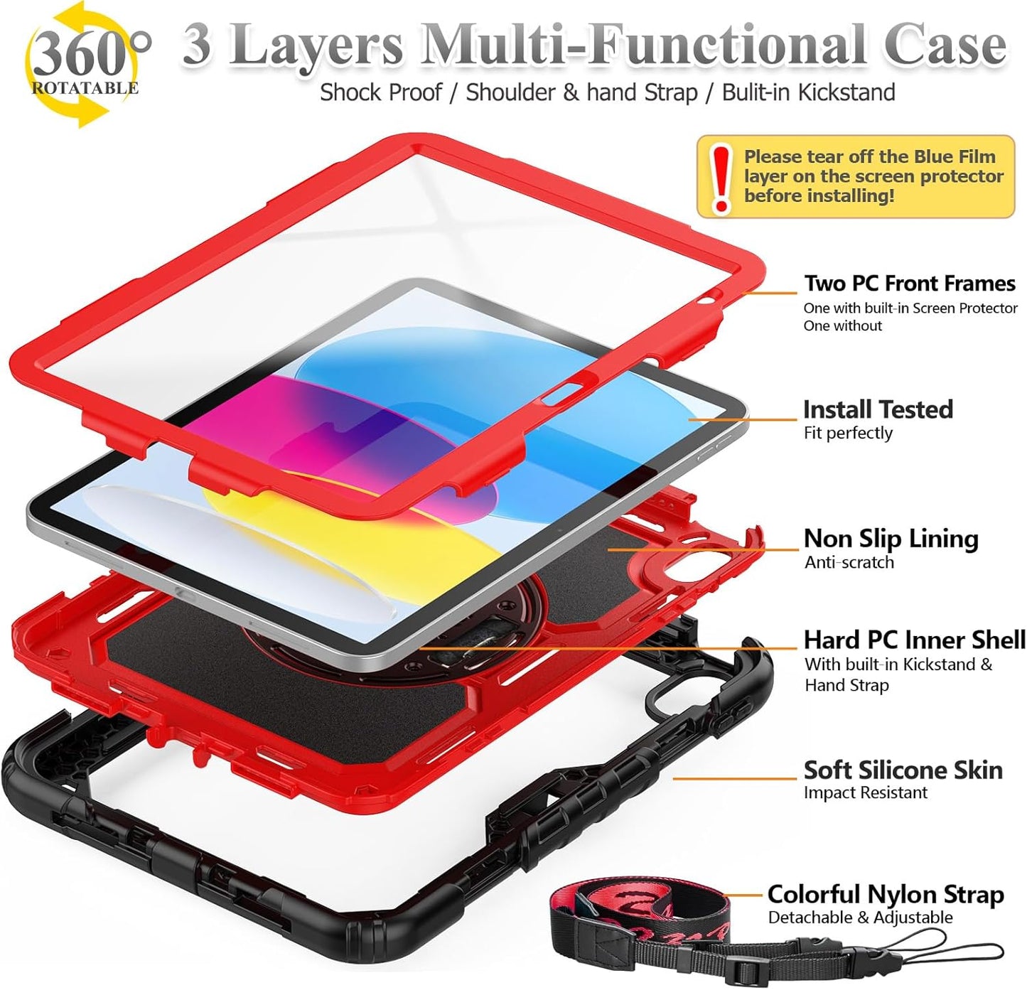 SEYMAC stock Case for iPad (A16) 11th/10th Generation 11''/10.9'' 2025/2022, Full-Body Drop Protection Case with Screen Protector &360° Rotate Hand Strap/Stand, Red+SiliconeBlack