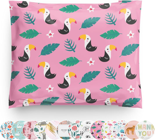 Poly Mailers 10x13 100 Pack | Self-Sealing Shipping Bags Envelopes for Small Business | Waterproof Durable Packaging | Tucan | Tropical Bird Pink Green Floral | à la mode Mailers