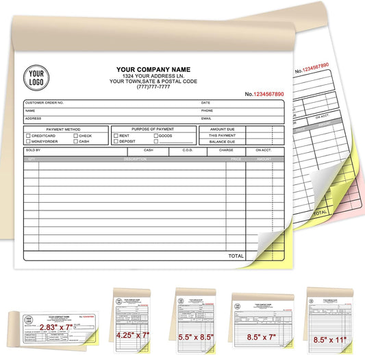 Custom Invoices Receipt Book for Small Business Personalized 2-Part Duplicate Carbonless Logo Receipt Books Sales Payment Forms with Company Name Address Phone Number 100 Sets 8.5" x 7"
