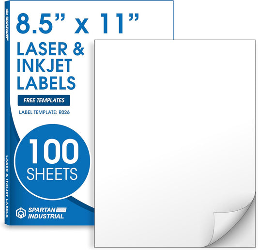 8.5" X 11" Full-Sheet Printable Labels Compatible with Inkjet and Laser Printers - 100 Sheets, 100 Matte White Paper Stickers for Shipping, Mailing, and DIY Projects - Spartan Industrial