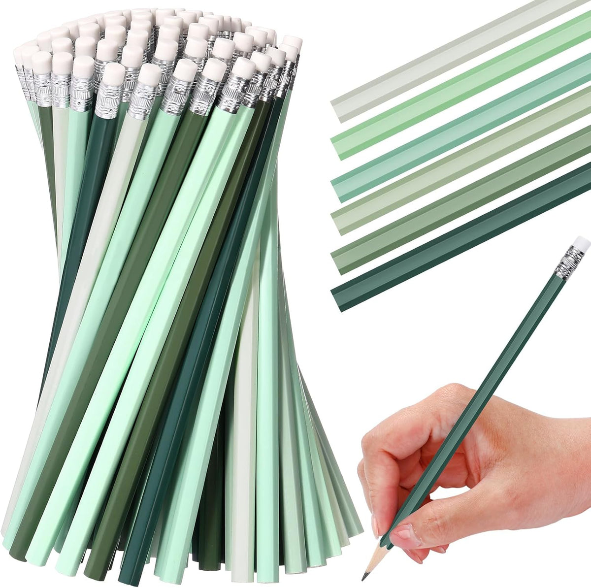 TecUnite 60 Pcs HB Pencils #2 Unsharpened Wood Cased Pencils with Eraser Hexagonal Pencil Cute Graphite No 2 Pen for Adults Gifts Exam School Office Sketching Learning(Green Series, White)