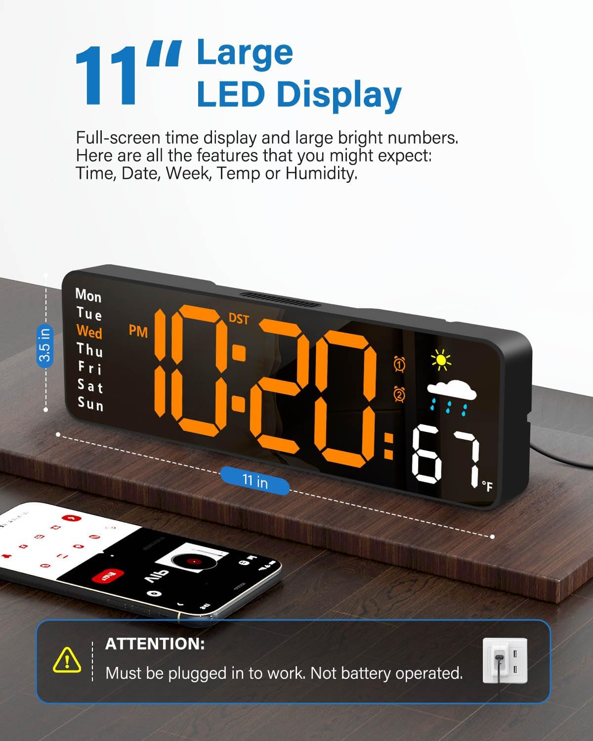 Digital Wall Clock, Digital Clock Large Display with Remote Control, Corded LED Alarm Clocks with Date, Week, Temp, Humidity, Auto DST, Countdown, for Living Room Bedroom Classroom Office (Orange)