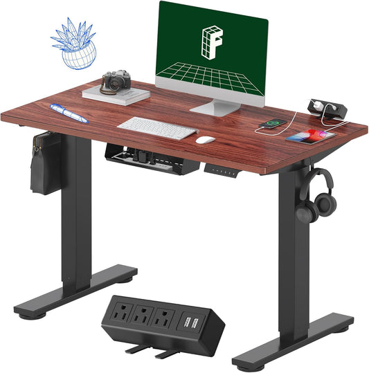 FLEXISPOT EN2 Whole-Piece Standing Desk with Clamp Power Strip, 40 x 24'' Electric Stand Up Height Adjustable Desk with Cable Management (Black Frame + 40" Mahogany Top, 2 Packages)