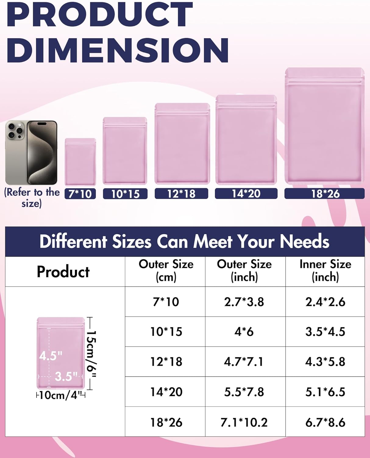 FireKylin 100 Pack Resealable Packaging Bags for Small Business Double-Sided Color Smell Proof Bags for Food Storage Flat Bags (Pink, 4" x 6")
