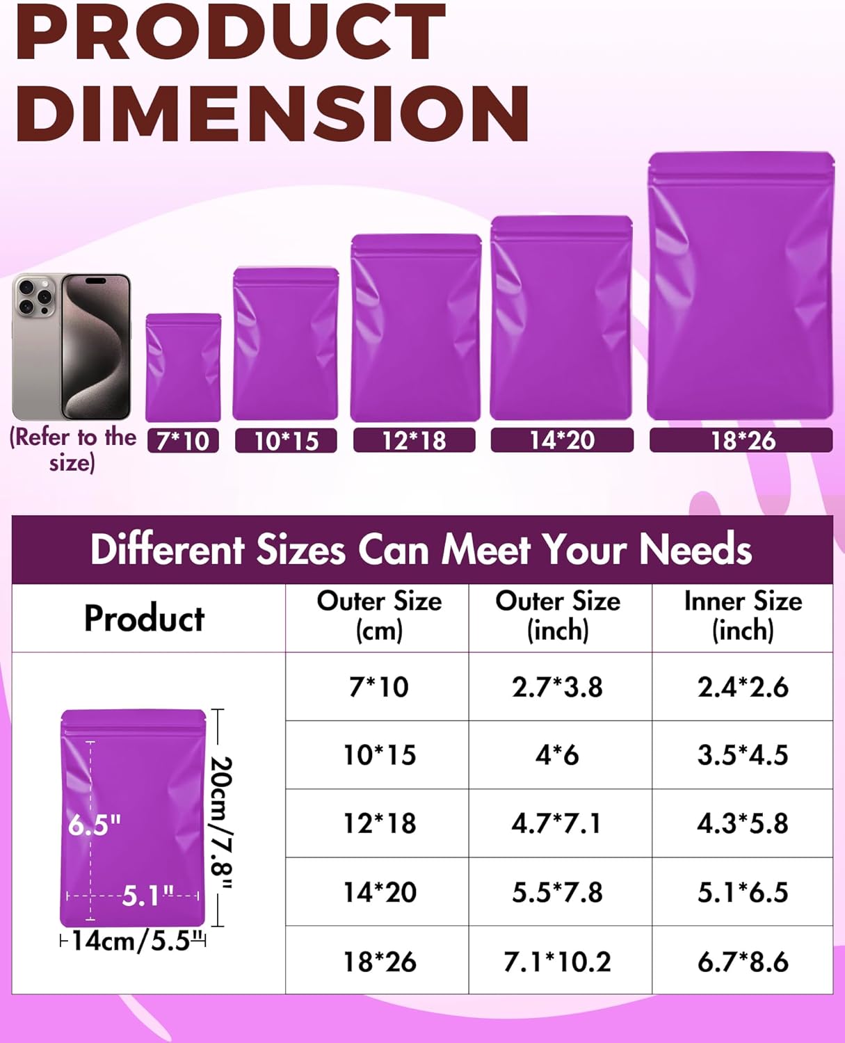 FireKylin 100 Pack Resealable Packaging Bags for Small Business Double-Sided Color Smell Proof Bags for Food Storage Flat Bag (Purple, 5.5" x 7.8")
